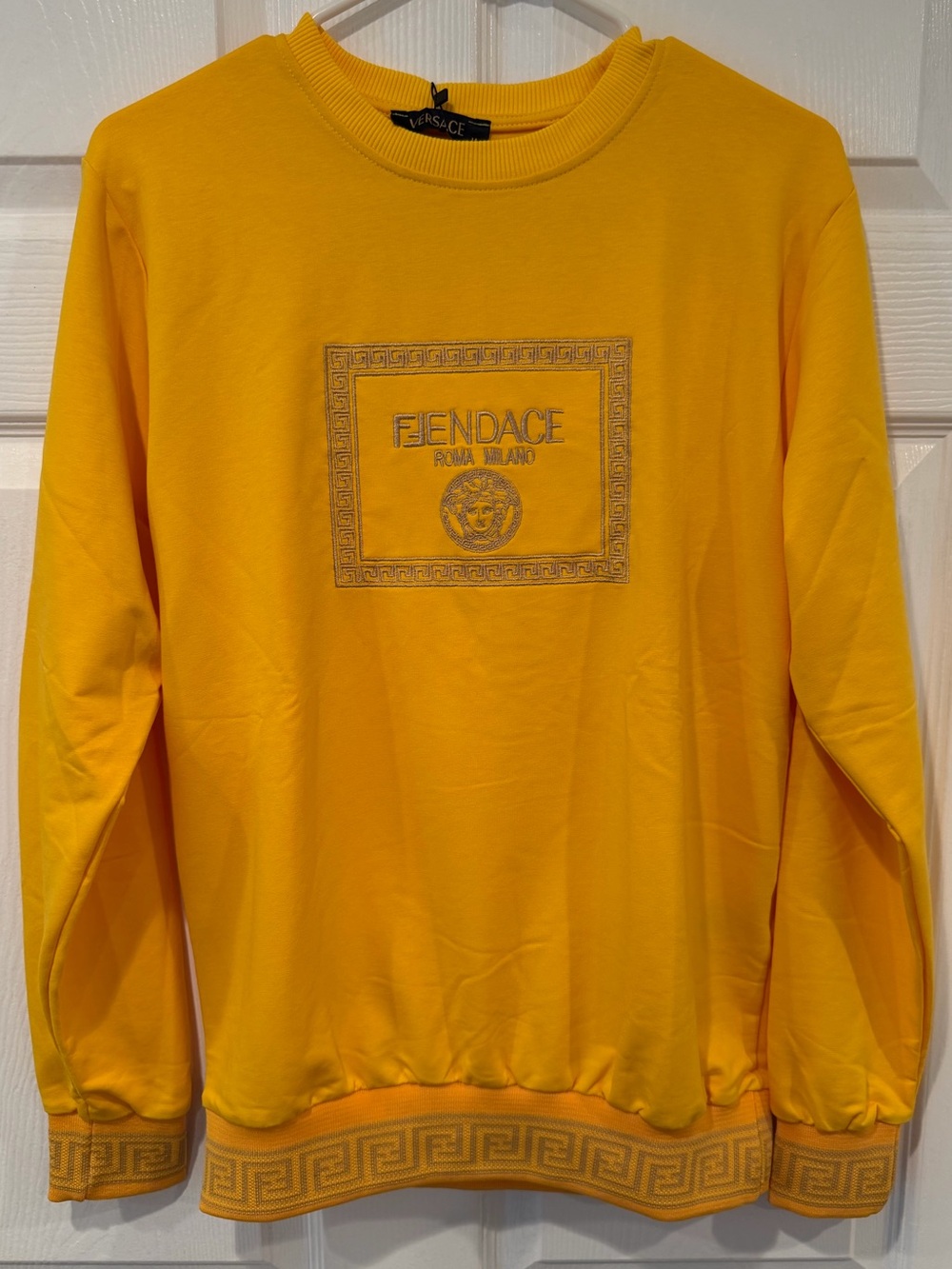 Versace Yellow Crewneck Sweatshirt with Embroidered Logo Panel